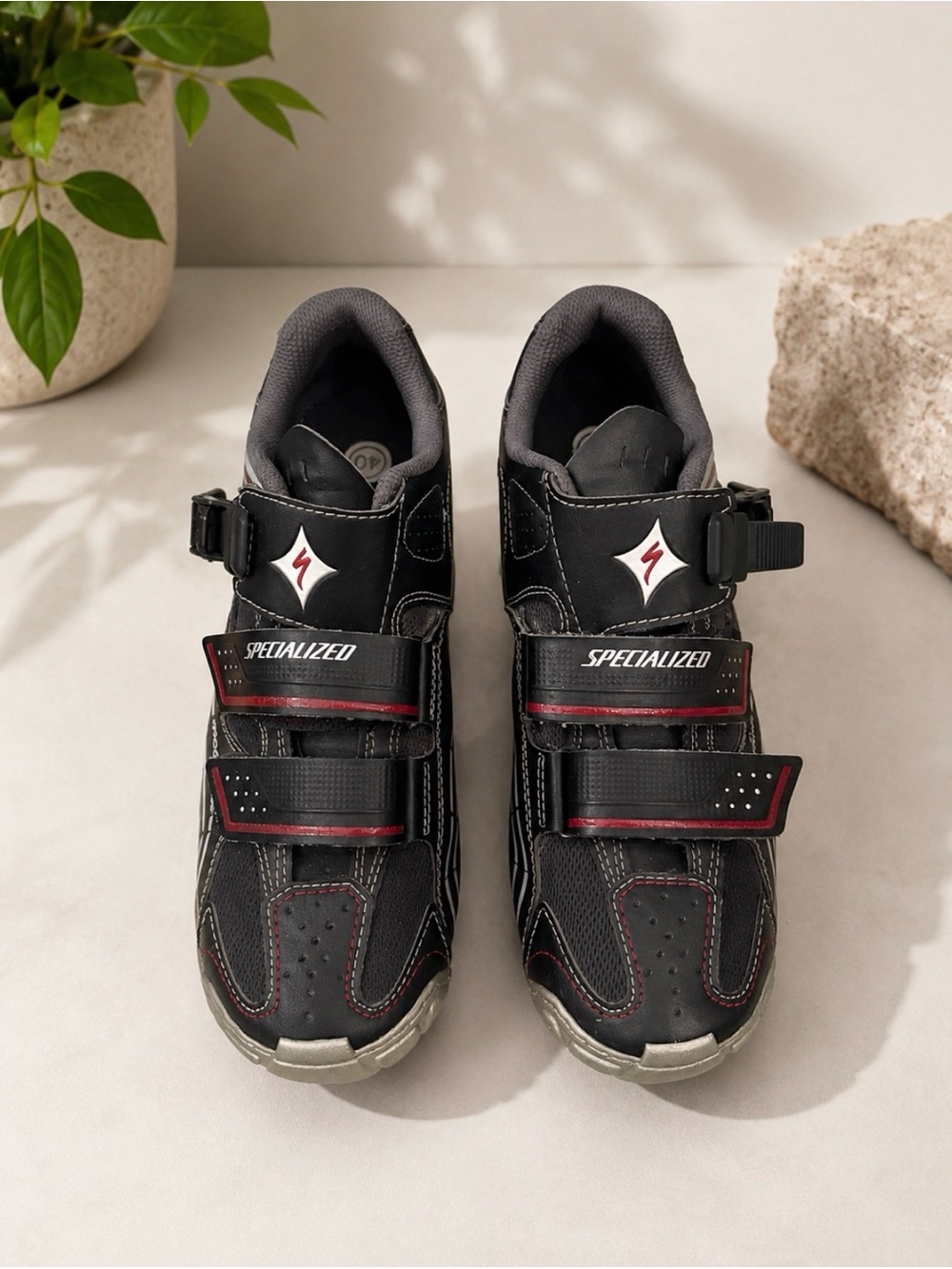 Specialized Black and Red with clip in ratcheting Velcro Cycling Shoes